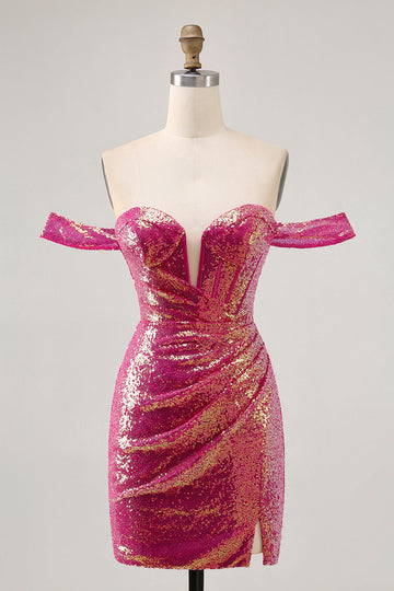 Sparkly Fuchsia Off The Shoulder Bodycon Homecoming Dress